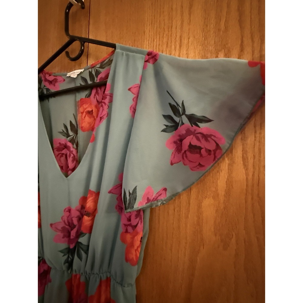 Vintage Charlotte Russe Dress Wm M Green Pink Red Roses Midi to Maxi Faux Wrap - Picture 8 of 9
